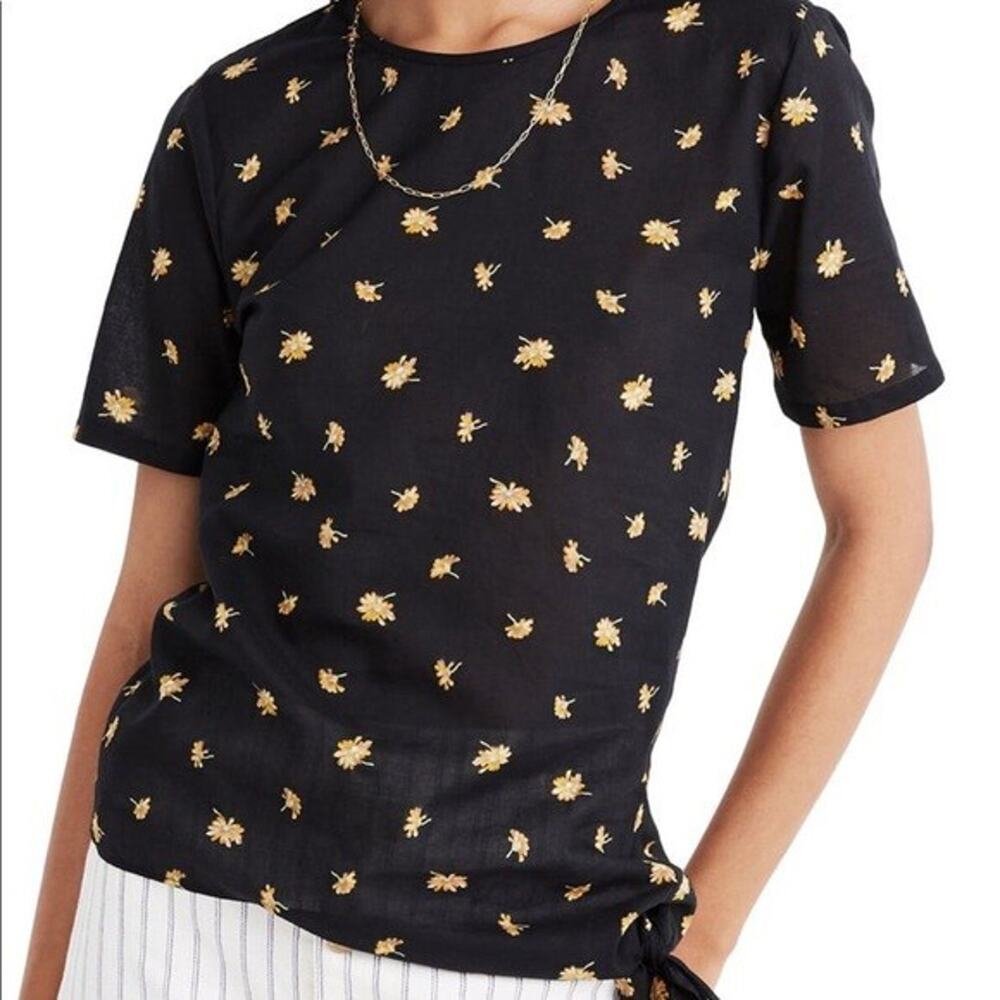 Madewell Side -Tie Short Sleeve Daisy Blouse Sz S Black Background Cotton